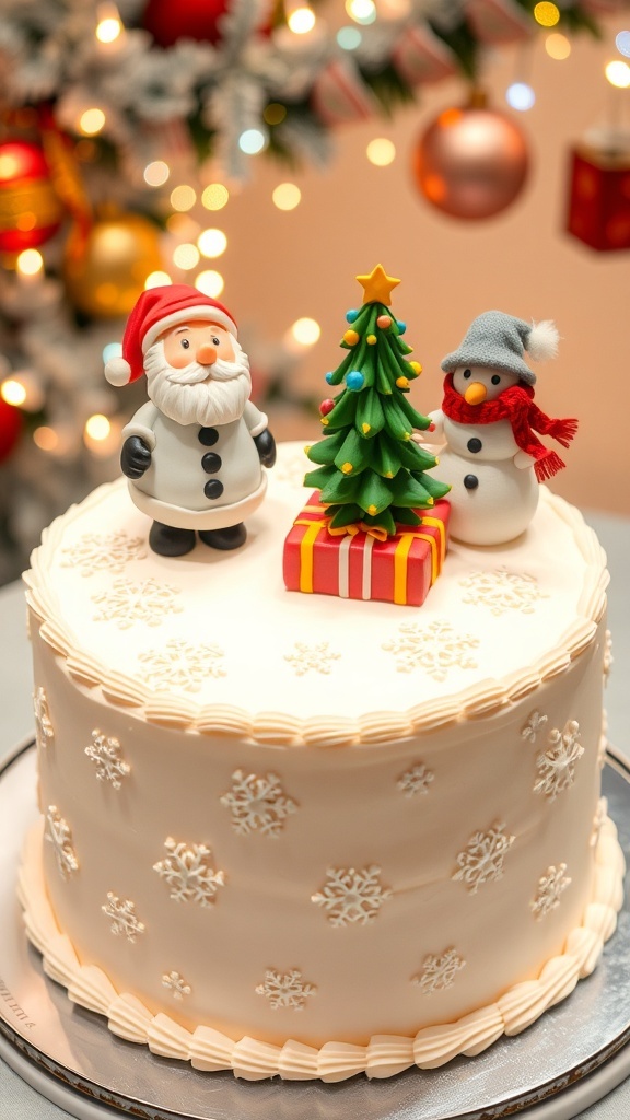 A Christmas cake with 3D fondant toppers of Santa, a Christmas tree, and a snowman, set against a festive backdrop.